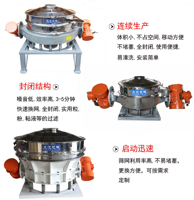 直徑1000mm直排篩特點(diǎn)：連續(xù)生產(chǎn)：體積小，不占空間，移動(dòng)方便，不堵塞，全封閉，使用便捷，易清洗，安裝簡(jiǎn)單。封閉結(jié)構(gòu)：噪音低，效率高，3-5分鐘，快速換網(wǎng)，全封閉，實(shí)用粒，粉粘液等的過(guò)濾。啟動(dòng)迅速：篩網(wǎng)利用率高，不易堵塞，更換方便，可按需求定制。